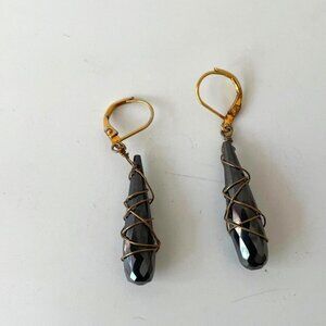Tourmaline Bar Glass Earrings Drop Dangle Wire-Wrapped Lever Back Black